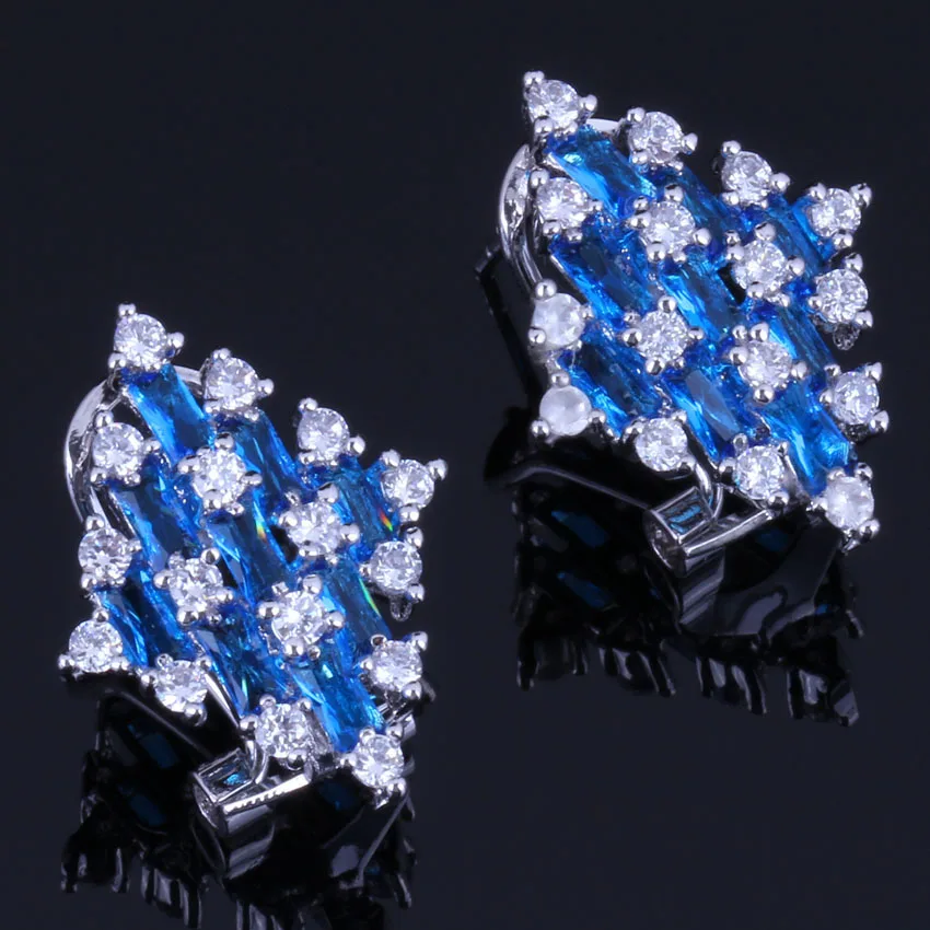 

Very Good Quadrilateral Blue Cubic Zirconia White CZ 925 Sterling Silver Clip Hoop Huggie Earrings For Women V0899
