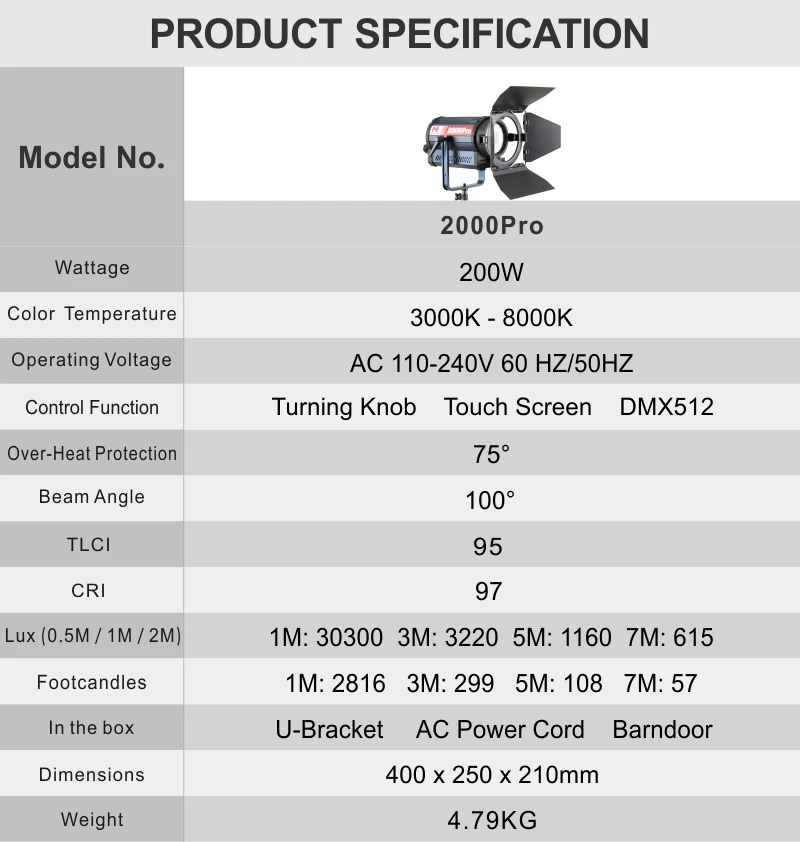 Yongnuo LED Spotlight photographic camera light 200W video light Focus Spotlight 2000Pro CD50 T03 for Wedding  Micro film