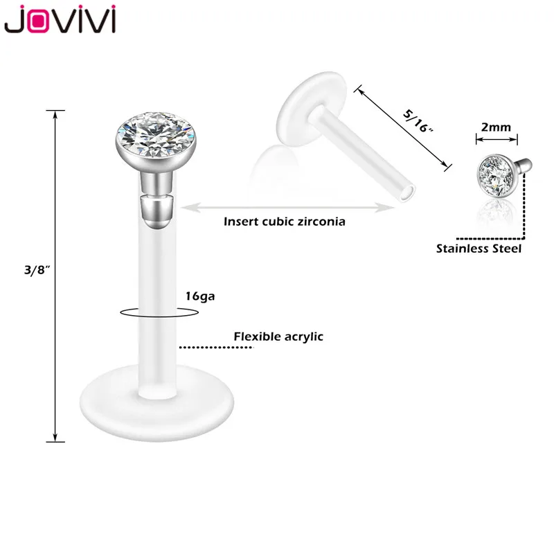 Jovivi 16G УФ гибкий акрил 3-5 мм кубический цирконий Лабрет, Монро кольцо для губ Козелка серьги-гвоздики пирсинг со штангой