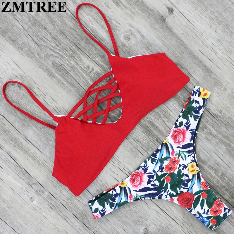 ZMTREE перекрестное бикини купальник с цветочным принтом женский сексуальный