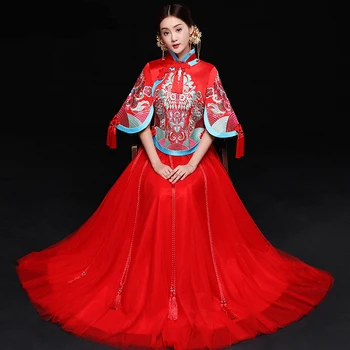 

Red Wedding Bride Chinese Style Cheongsam Traditional Lady Long Qipao Embroidery Women's Evening Dress marry Clothes S - XXL
