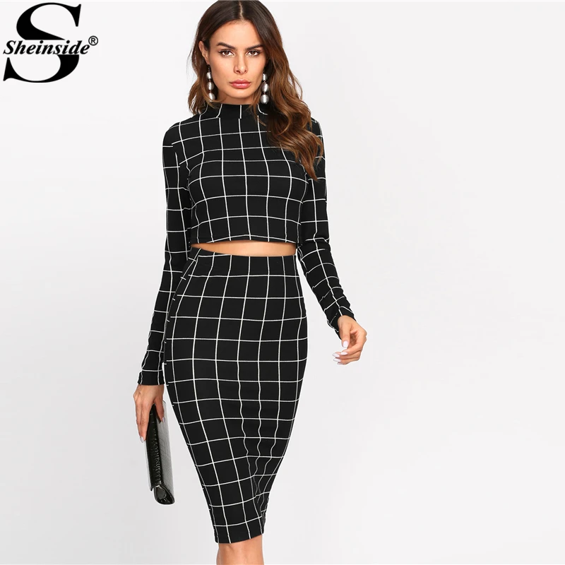  Sheinside Stand Collar Long Sleeve 2 Piece Set Women Crop Grid Top and Pencil Skirt Ladies Elegant 
