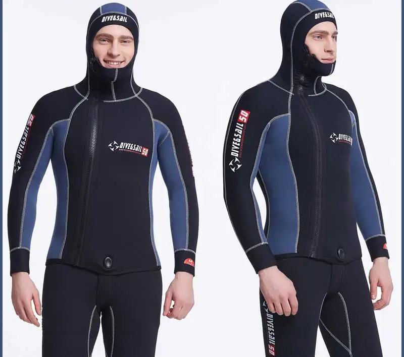 Комплект из 2 предметов, мужская куртка для Гидрокостюма w 5 мм, неопрен/черный, синий, пэчворк, передняя молния, подводная охота, водолазный костюм, капюшон и костюм Jone