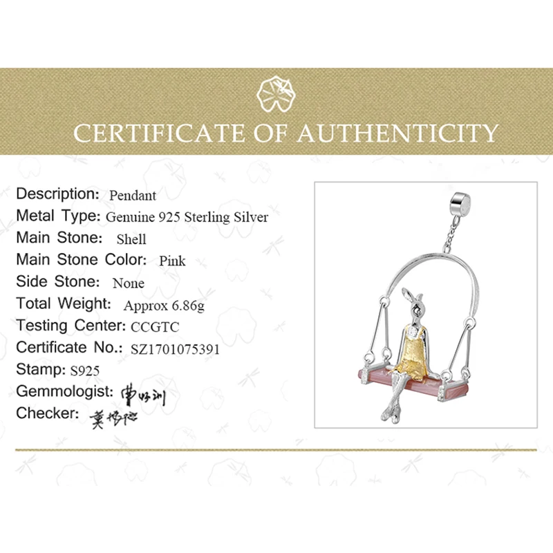 Lotus Fun Real 925 Sterling Silver Natural Mother of Pearl Handmade Fine Jewelry Miss Rabbit Pendant without Chain Acessorios