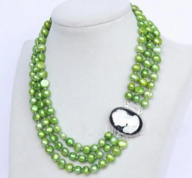 

Free shipping hot sale Women Bridal Wedding Jewelry >>16"-18" 3row 9mm green pearls necklace seashell clasp E2751