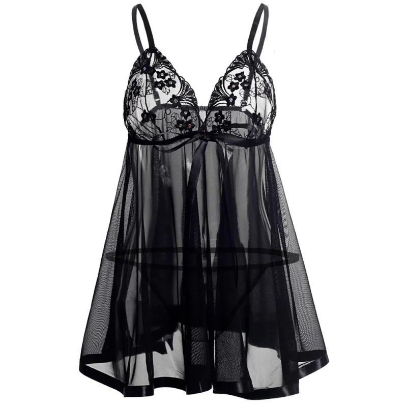 

EFINNY Embroidery Deep V-Neck Perspective Sexy Sling lingerie lace Sequins Lingerie And T-pants Large Size