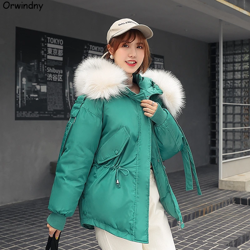 Orwindny Winter Coat Women Large Fur Collar Winter Parkas Female Slim Fashion Short Cotton Padded Jacket Hooded Wadded Coat