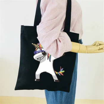 

Unicorn Canvas Bag Cotton Funny Women Shoulder Bag Summer bag Hip Hop Female Students College Style Simple Animal Black Bags