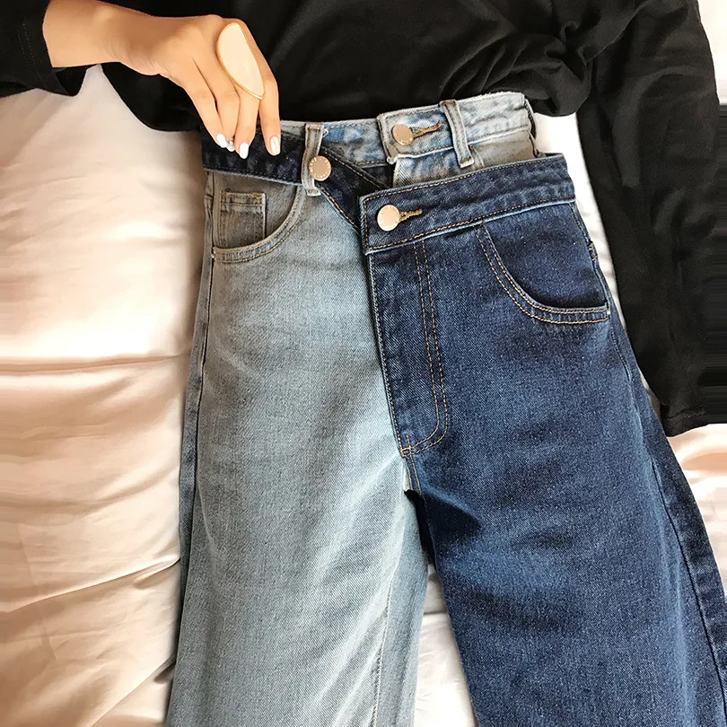 spring New style mock two-piece contrasting color stitching jeans women's Hong Kong-style slimming straight-cut ankle-lengt