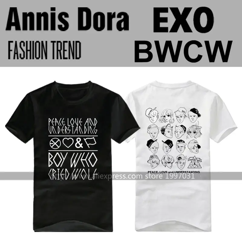 Kpop EXO PEACE LOVE AND assistance мальчик который плакал волк BAEKHYUN CHANYEOL KAI KRIS LUHAN футболка с