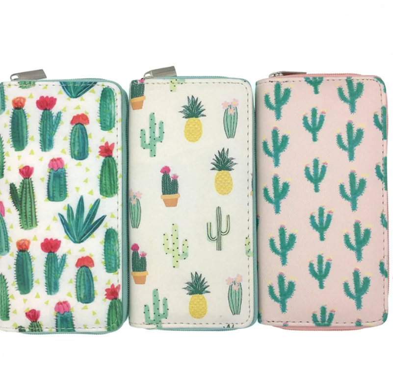 

1PC Women Cactus Printing Wallets PU long Leather Zipper Design Phone Bag Zipper Clutch Card Slots Coin Purse Female Wallets