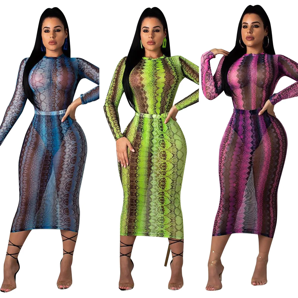 

Nightspot sexy long sleeve 3-color dress with serrated mesh print