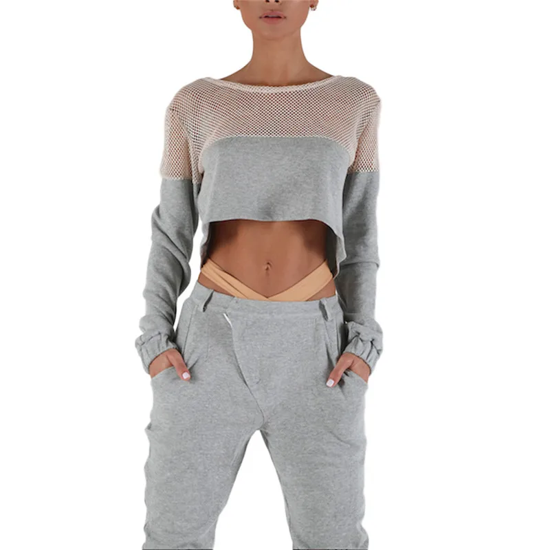 2016 Beauty Charm Women s Net Yarn Sportswear Gray Two Pieces Coats Pants camisetas mujer