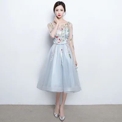 Вечерние платья женские новые корейские демисезонные модные элегантные тонкие сетчатые с вышивкой шикарные банкетные платья Vestidos Feminina LD809 - Цвет: Light blue mid-long