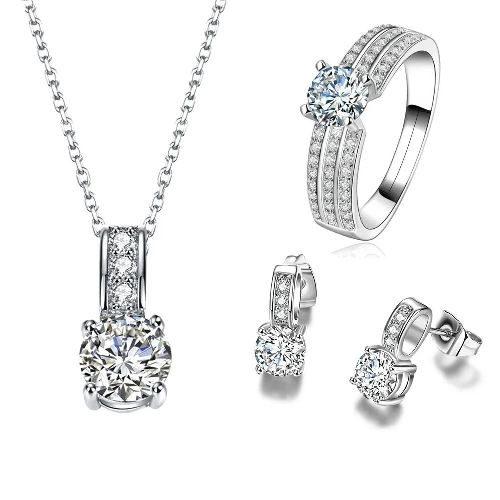 

New Arrival Wedding Jewelry Set Silver Color Cubic Zircon Necklace/Earring/Ring Set Adjustable ring