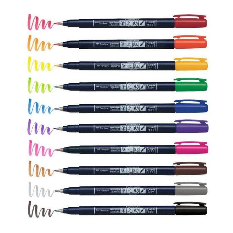 

10pcs/set Japanese Tombow Brush Pen Fudenosuke Brush Lettering Pen Calligraphy Drawing Marker Pens for School Supplies 10 Colour