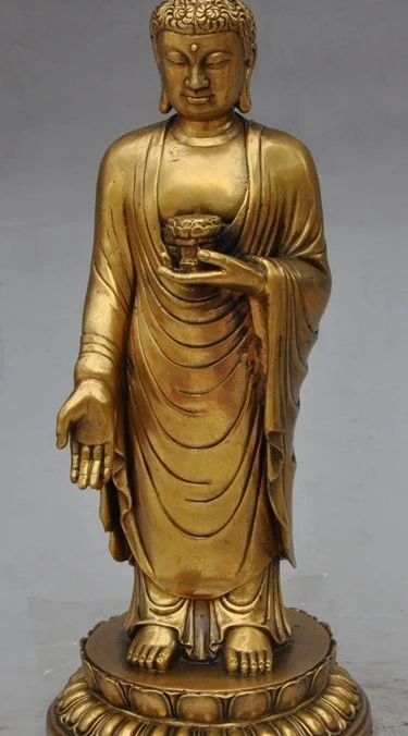 

11"tibet buddhism brass fane sakyamuni Shakyamuni Stand buddha hold lotus statue