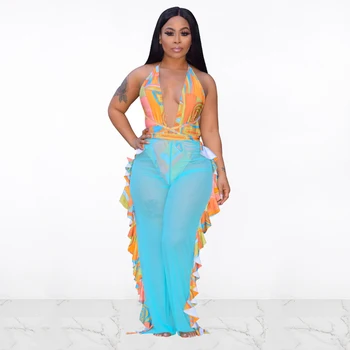 

Women Perspective Mesh Ruffle Pants Patchwork Beach Wide Leg Pants Sexy Club Party Long Pants High Waist Loose Chiffon Trousers