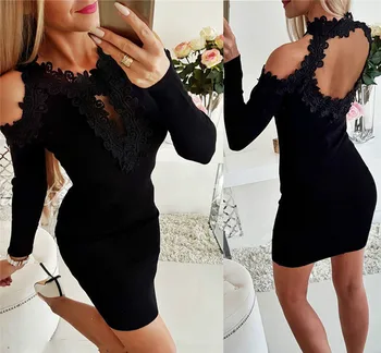 

Spring Fashion Women Lady Summer Clothes Lace Shoulder Party Mini Dress Sexy Solid Bodycon Long Sleeve Casual Dress