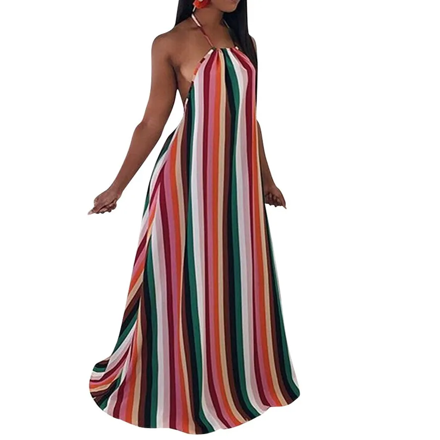 

New Rainbow Striped Printed Maxi Dress Women Sexy Halter Sleeveless Long Summer Backless Vestidos Boho Summer Party Club Dresses