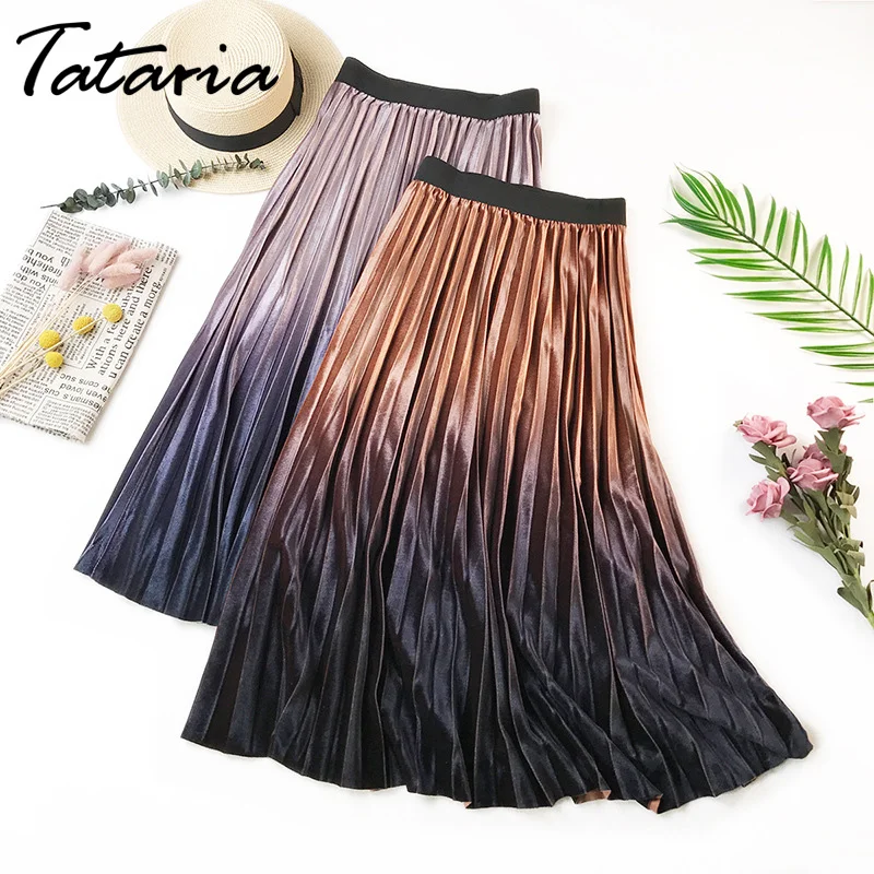 Tataria, градиентные бархатные плиссированные юбки для женщин, миди длинная бархатная юбка с высокой талией, плиссированная Женская юбка, Srping