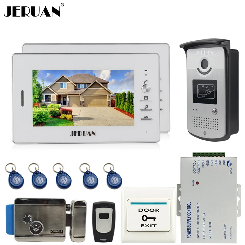 

JERUAN NEW 7`` LCD Screen Video DoorPhone Intercom System 2 Monitors +700TVL RFID Access Camera + Remote Control +E-Lock