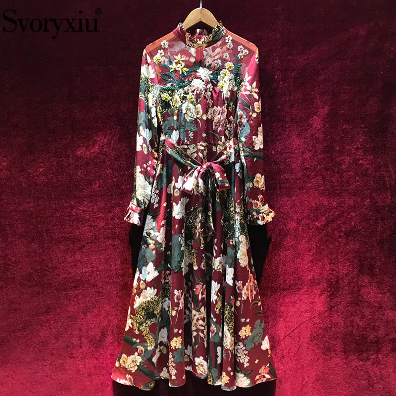 

Svoryxiu Designer Spring Summer Dress Women's High Quality Embroidery Leopard Flower Print Party Ladies Long Sleeve Long Dresses