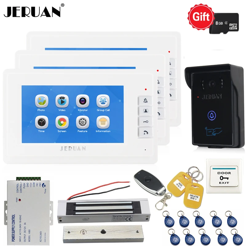 

JERUAN 7`` Video Intercom Video/voice Recording Intercom System kit Waterproof RFID Access IR Camera+180kg Magnetic lock 1V3