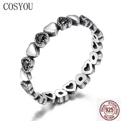 COSYOU 2019 женское подлинное стекируемое кольцо сердце черный CZ палец круглое кольцо 925 серебро для женщин Девушка ювелирные изделия SCR140