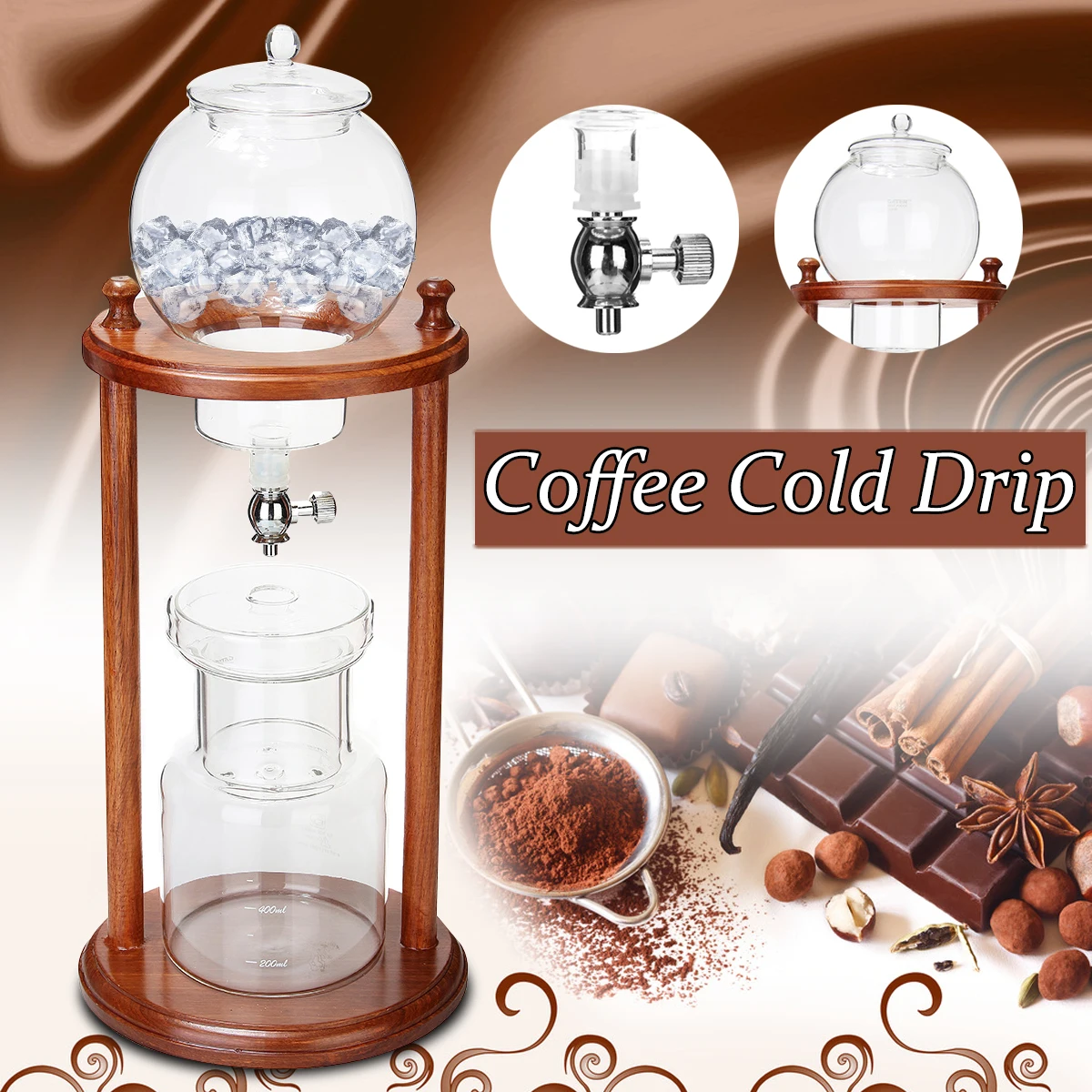 Reusable Glass Cold Drip Coffee Maker Home Wooden Water Drip Coffee