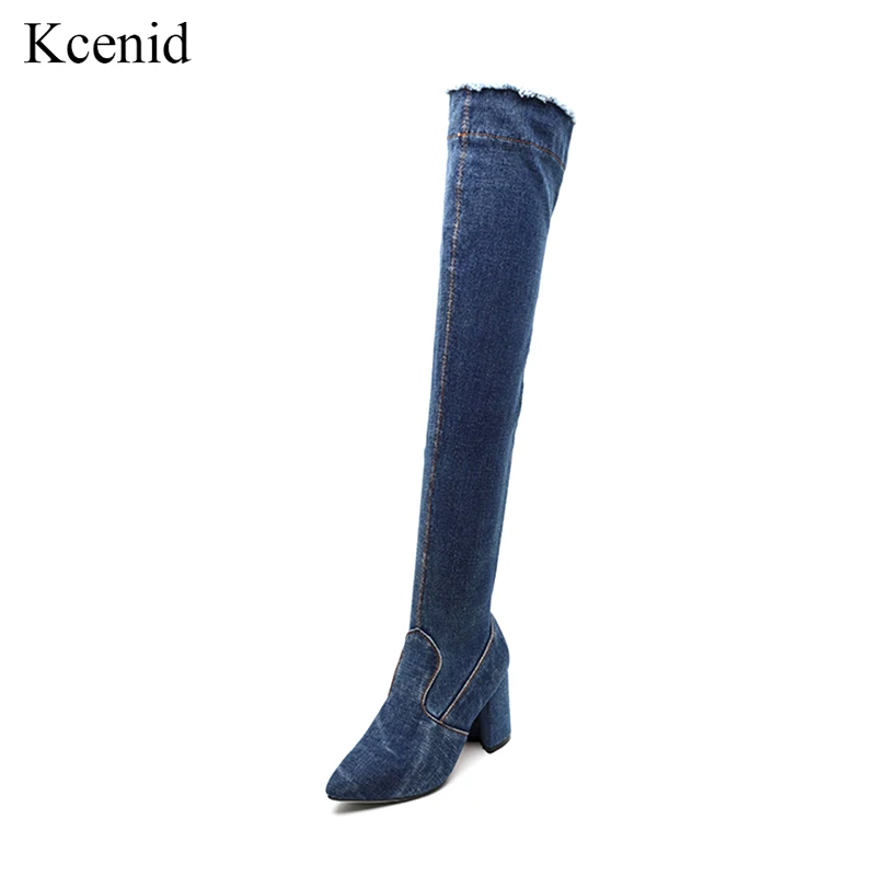 

Kcenid 2018 Autumn new women over the knee thigh high boots high heels pointed toe blue denim boots zipper fashion jeans shoes