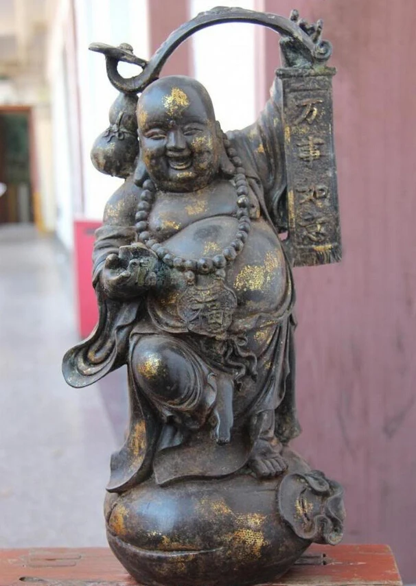 

gem S1073 China Folk Fane Bronze Auspicious Wealth RuYi Monk Statue D0318