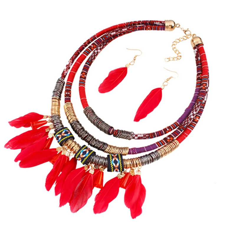 Преувеличенный ювелирный набор с перьями, этнический Золотой многослойный красный перьевой кисточкой, Африканский ювелирный набор