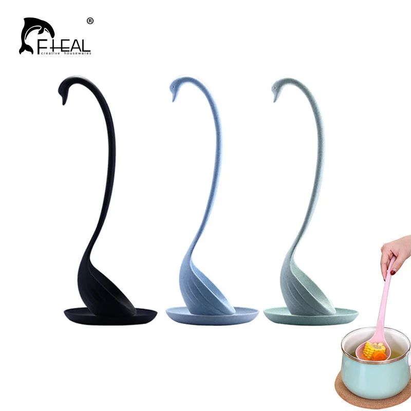 

FHEAL 1pc Soup Spoon Wheat Straw Swan Shape Scoop with Long Handle Large Spoons Ladle Tableware Kitchen Accessories