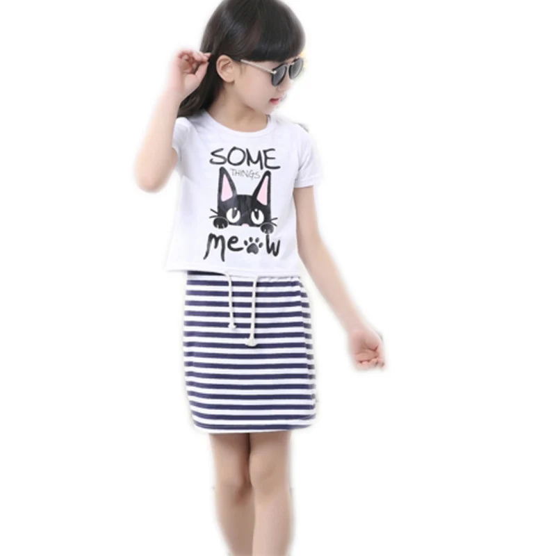 2017 Set Musim Panas Gadis Baru Gaun Pencetakan Kucing Stripe Dua pcs Dress + t-shirt Putih Abu-abu Rekreasi pakaian Gadis Gaun 4-14 Tahun
