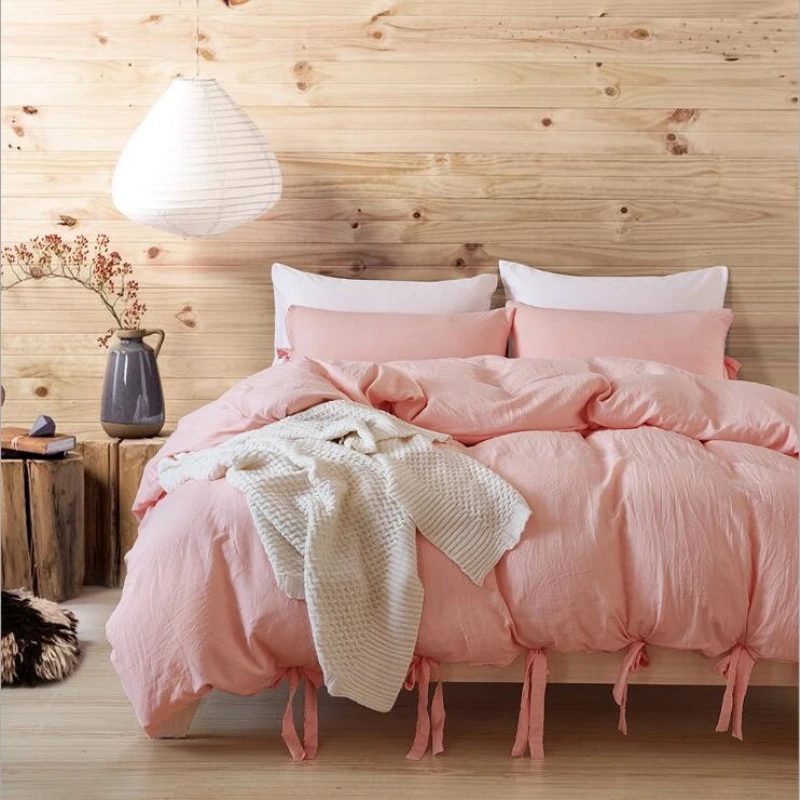 

Fashion Brief Water Washed Cotton Duvet Cover Pillowcase Princess Girl Pink Comforter Bedding Cover set 3pcs
