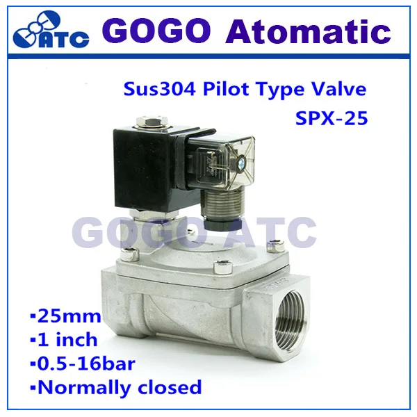 SPX-25 нержавеющая сталь 1 дюйм отверстие 25 мм 16 бар нормально закрытый пилот электромагнитный клапан SUS 304 для воды, NBR уплотнения