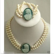 Стиль Природный благородный jewelry3 строки 7-8 мм Белый Akoya Перл Камея Браслета Ожерелья(C0322