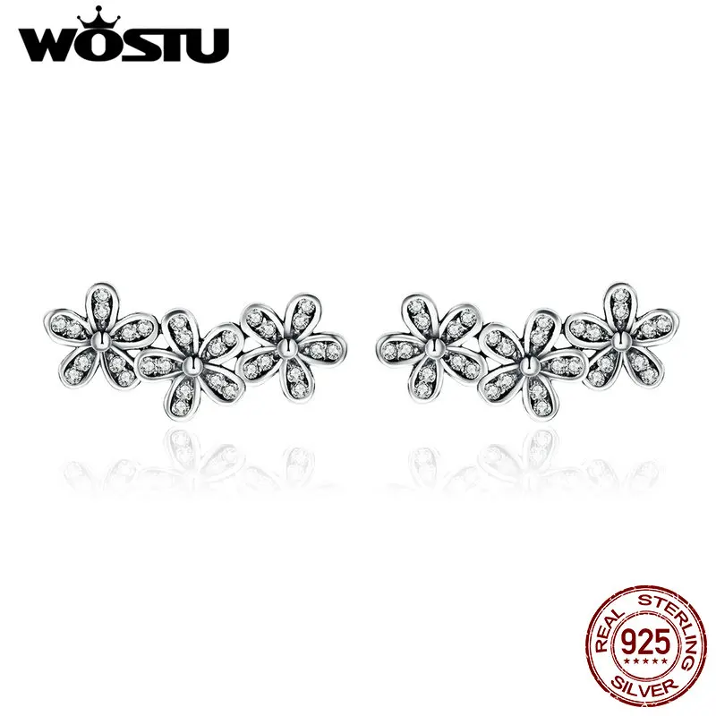 

WOSTU Genuine 925 Sterling Silver Clear CZ Dazzling Daisy Stacked Flower Floral Stud Earrings Original Jewelry Lady Gift ZBBS506