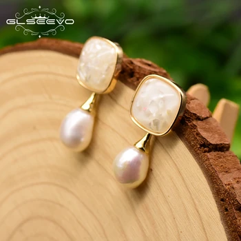 

GLSEEVO Natural Baroque Pearl White Colored Glass Stud Women's Earrings Dual Use Earring Jewelry Boucles D Oreille Femme GE0767F