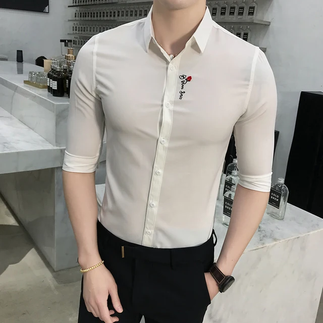 Brand New Tuxedo Shirt Summer Slim Fit Rose Flower Embroidery Dress Brand New Tuxedo Shirt Summer Slim Fit Rose Flower Embroidery Dress Shirts Mens Half Sleeve Solid