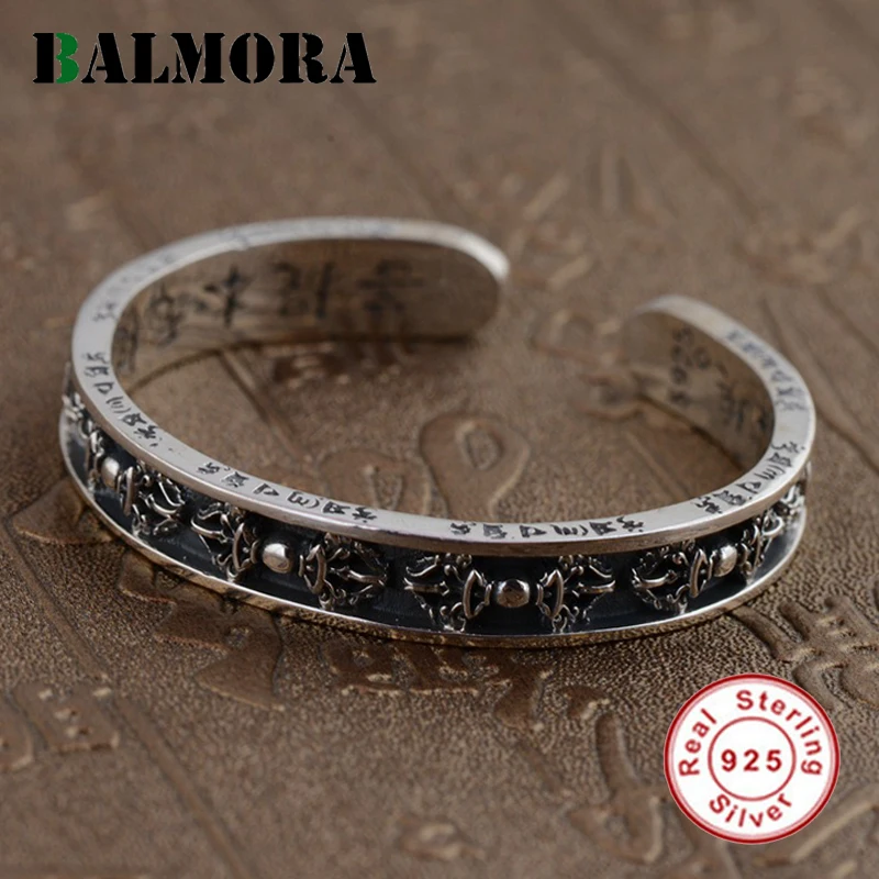 

BALMORA Genuine 925 Sterling Silver Jewelry Vintage Round Bangles for Women Men Anniversary Gifts Thai Silver Bijoux SZ0143