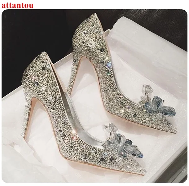 

Cinderella crystal champagne shoes woman's high heels female single shoe rhinestone slip-on Wedding party dress shoe pointed toe