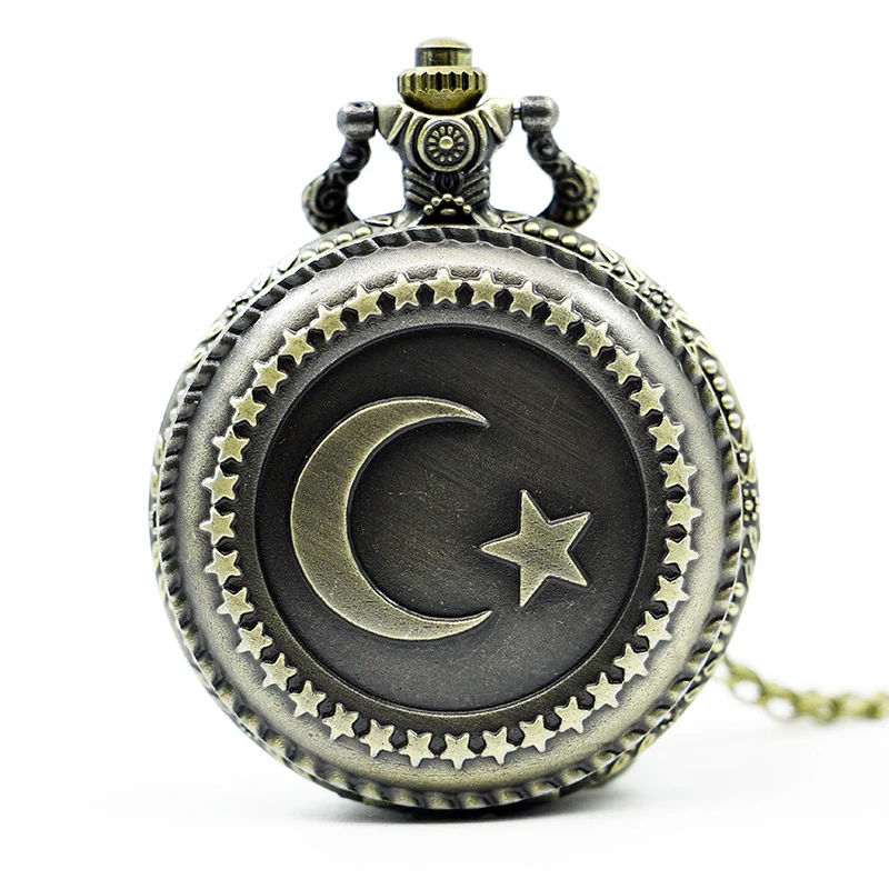 

Vintage Antique Bronze Turkish Flag Design Moon and Star Theme Quartz Pocket Watch With Necklace Chain Best Gift
