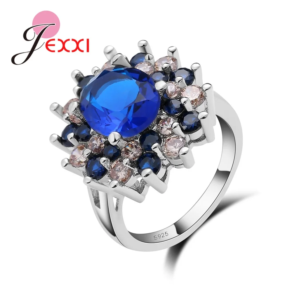 JEXXI 925 Sterling Silver Royal Blue Crystal Wedding Rings For Women