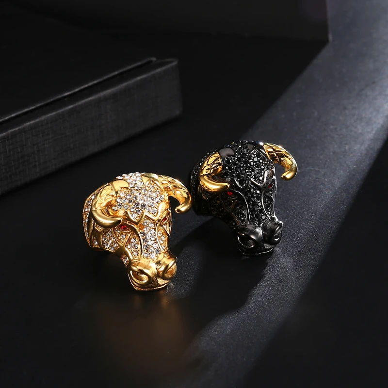 US7 Street Design Bull Animal Steel Ring Crystal Paved Black Plated Fashion Lucky Rings for Men Unique Punk Hip Hop Jewelry Gift Fashion Jewelry