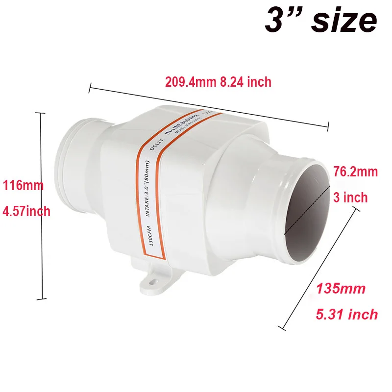

3~4inch In Line Air Blower Boat Bilge Engine Galley Marine Ventilation Fan 12V24V Corrosion Resistant ABS for Bilges Engine Head