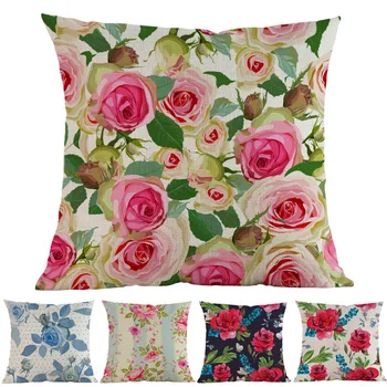 

Watercolor Style Red Blue Pink Rose Pattern Linen Pillow Case Home Sofa Chair Decoration Cushion Cover Valentine's Day Gift