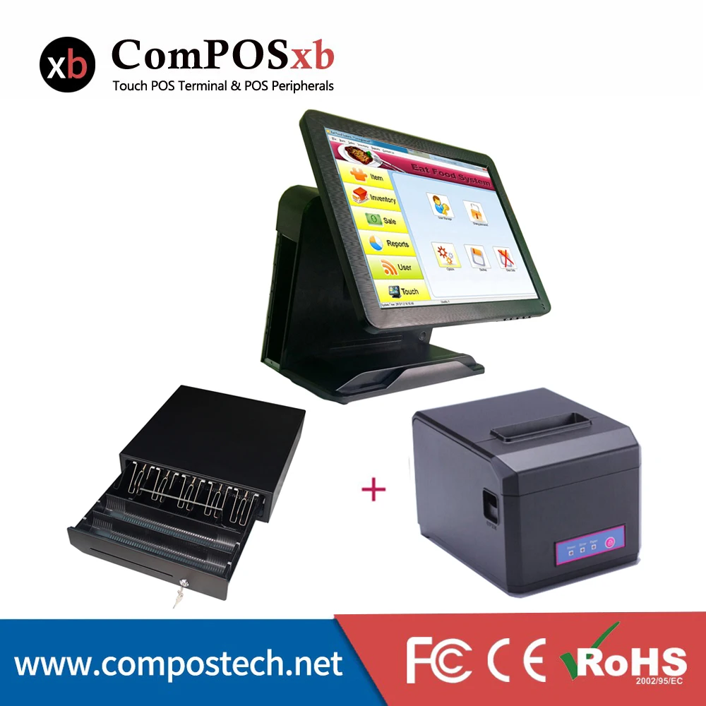 15 дюймов емкостный сенсорный Pos все в одном для ресторана с ящиком наличных принтер