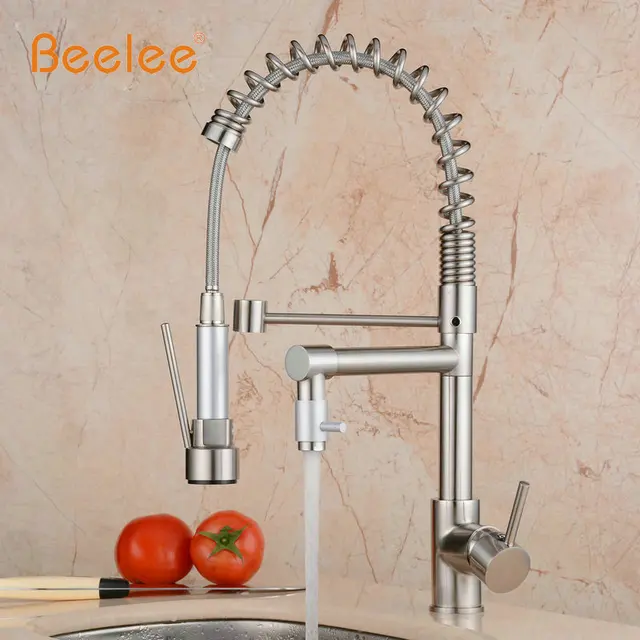 Best Price Beelee Kitchen Faucet Polished Nickel Finish Hand Sprayer With LED Light Spring Style 360 Degree Rotating Cold And Hot Sink Tap